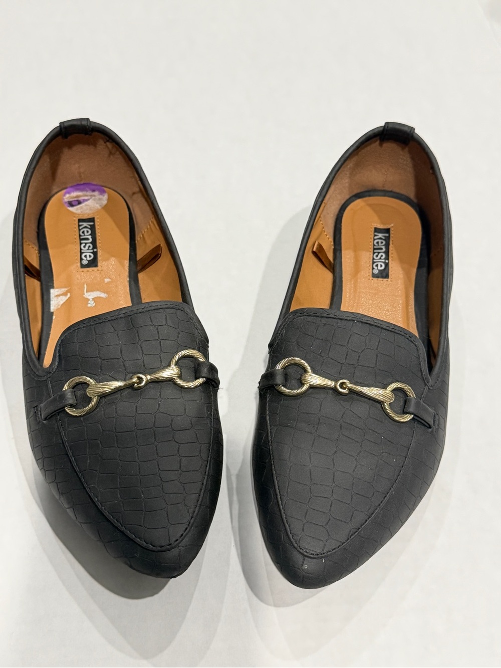 Kensie Black Croc Embossed Horsebit Slip On Loafers Gold Tone Women’s Size 6.5